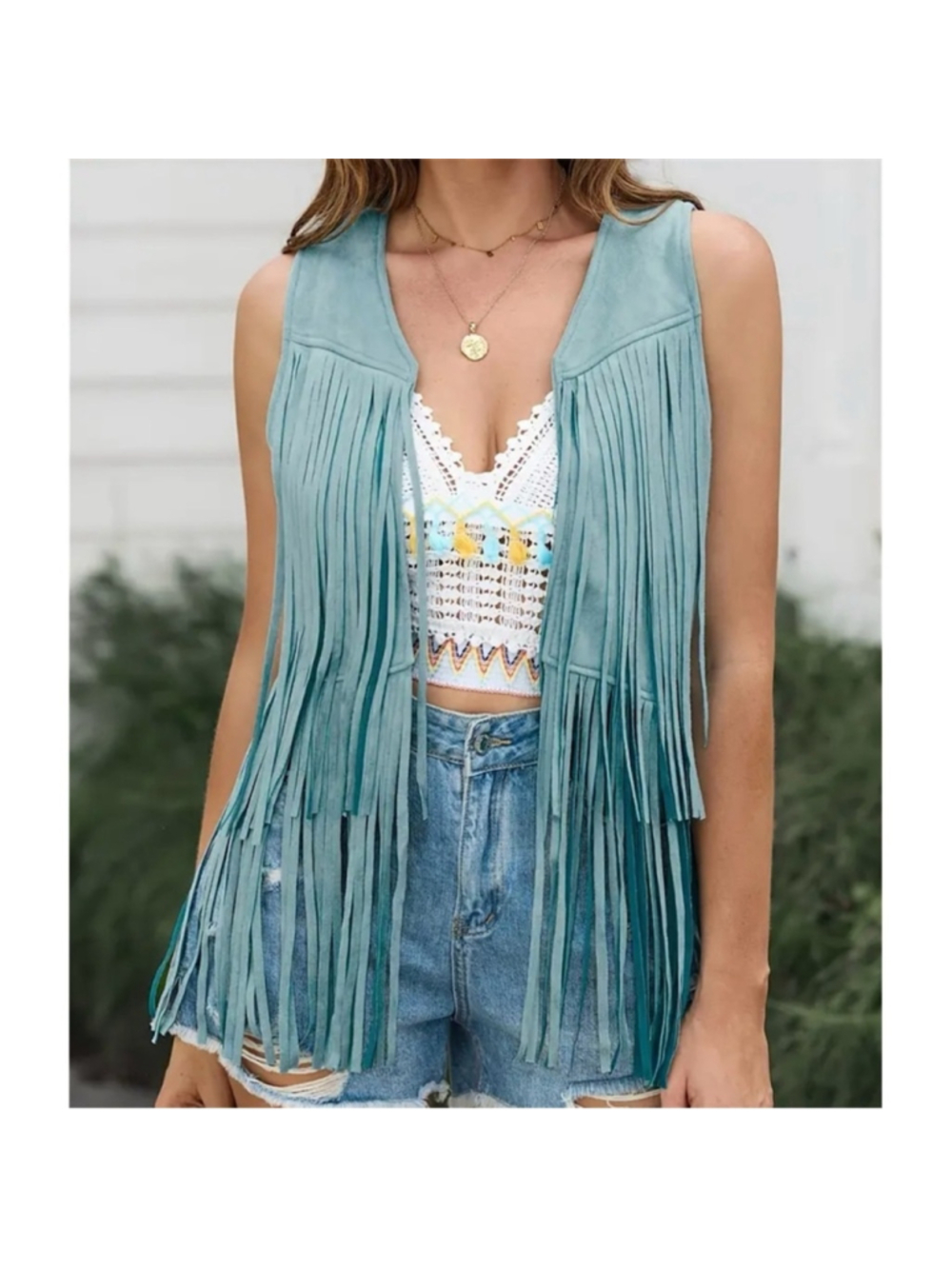 Bohemian Western Fringe Sleeveless Cardigan Vest Open Front Blue Medium